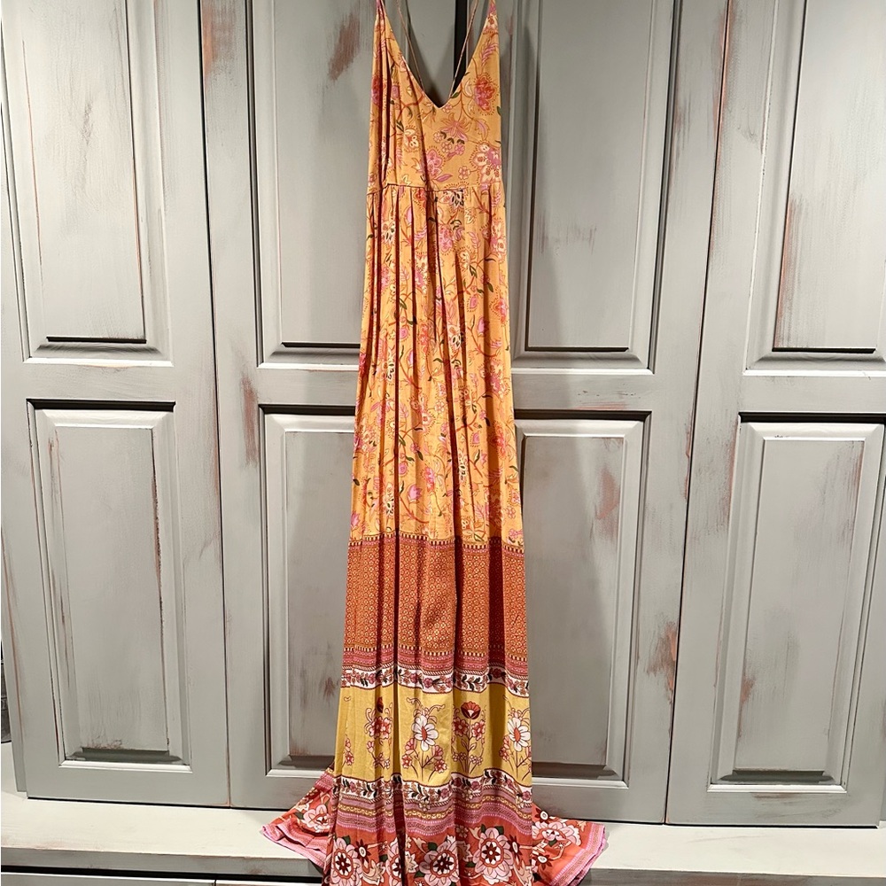 Bohemian Floral Maxi Dress in Mustard Yellow